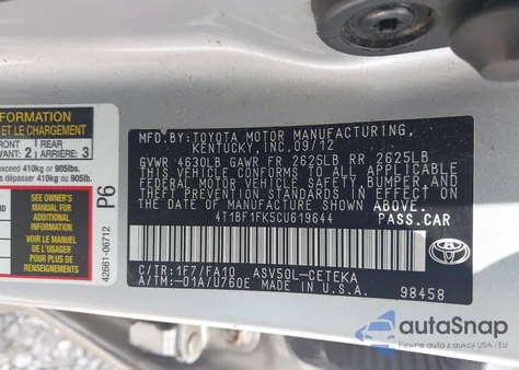 2012 Toyota Camry L from USA, damaged, VIN 4T1BF1FK5CU619644